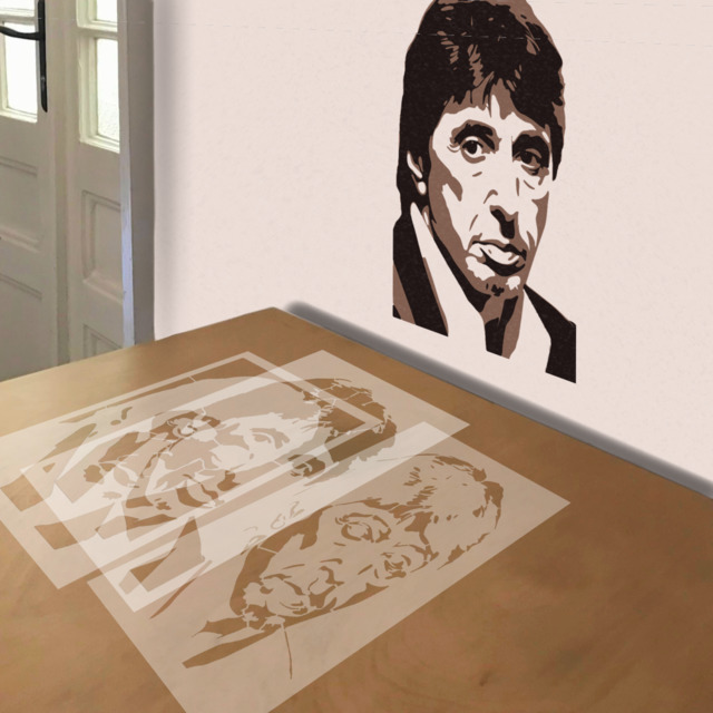 Al Pacino as Scarface stencil in 3 layers, simulated painting