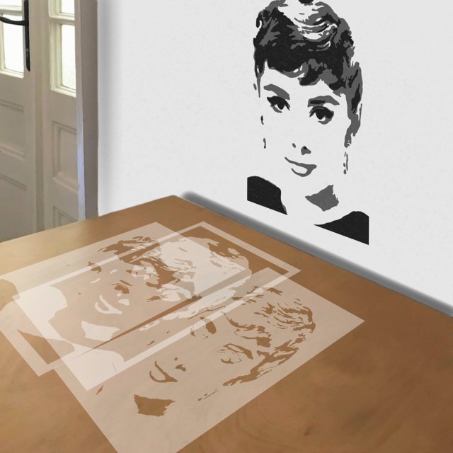 Audrey Hepburn stencil in 3 layers, simulated painting