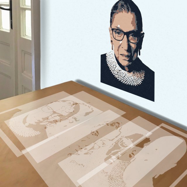 Ruth Bader Ginsburg stencil in 5 layers, simulated painting