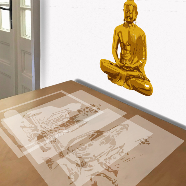 Golden Buddha stencil in 4 layers, simulated painting