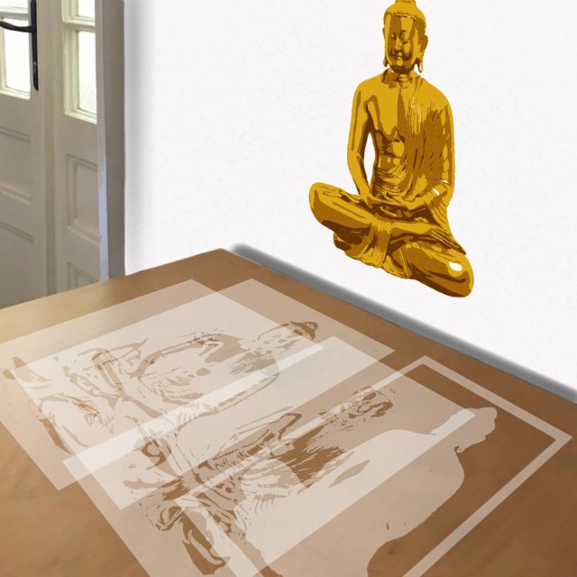 Golden Buddha stencil in 4 layers, simulated painting