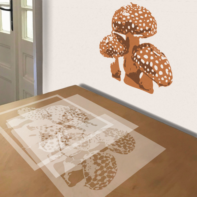 Amanita Mushrooms stencil in 3 layers, simulated painting