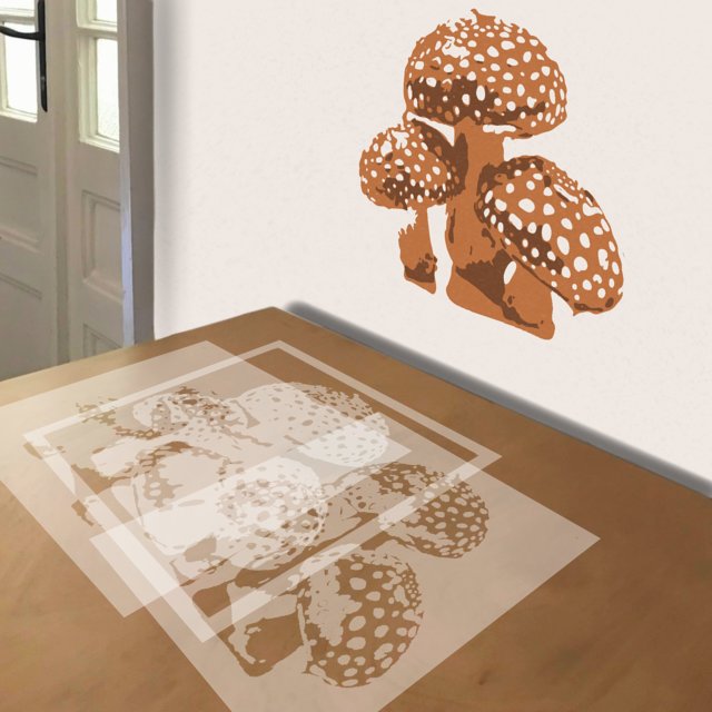 Amanita Mushrooms stencil in 3 layers, simulated painting