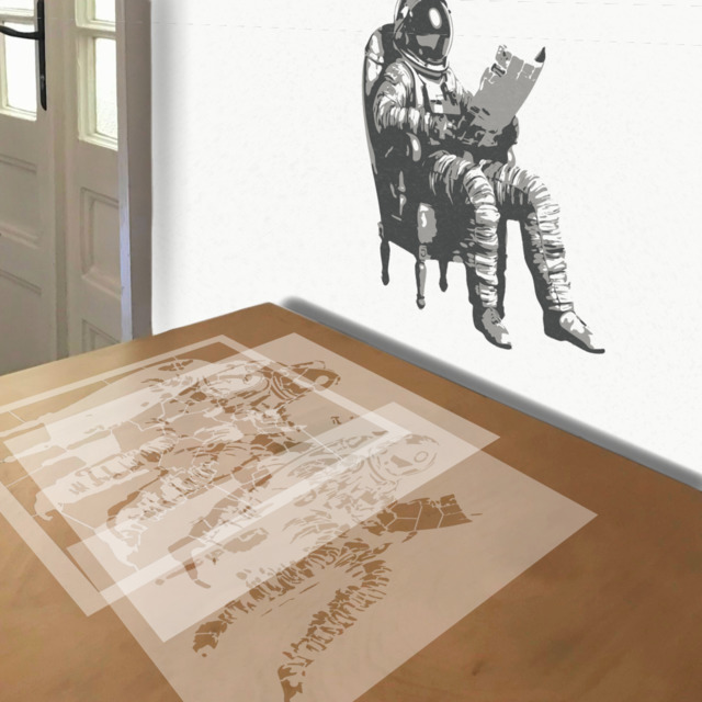 Astronaut Reading a Newspaper stencil in 3 layers, simulated painting