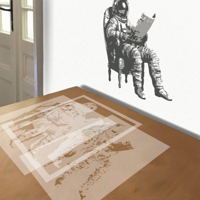 Astronaut Reading a Newspaper stencil in 3 layers, simulated painting