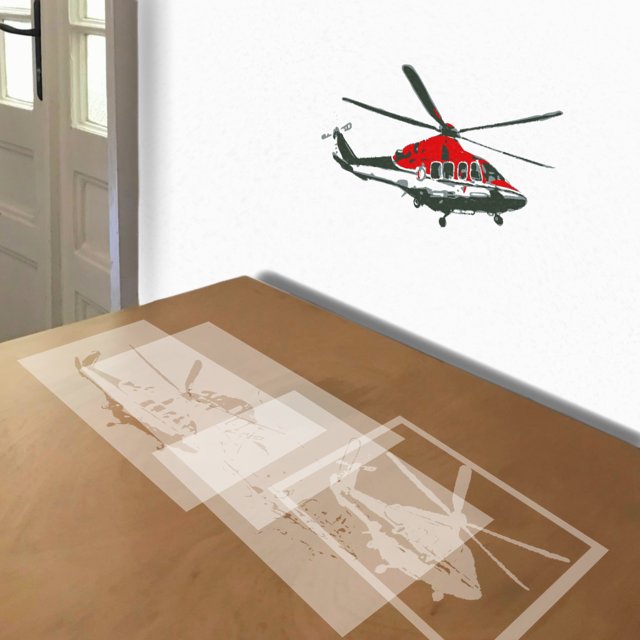 Helicopter stencil in 4 layers, simulated painting