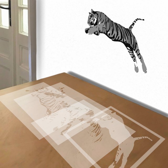 Lunging Tiger stencil in 4 layers, simulated painting