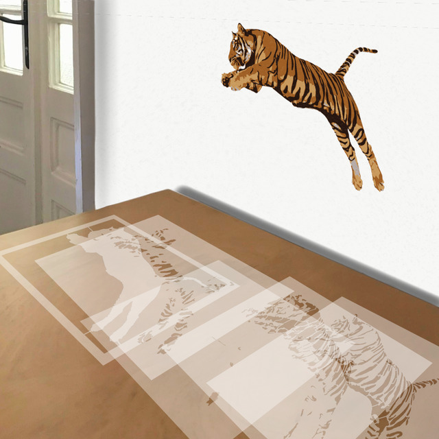 Lunging Tiger stencil in 5 layers, simulated painting