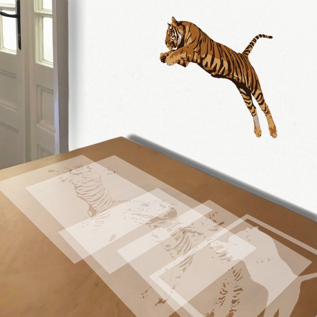 Lunging Tiger stencil in 5 layers, simulated painting