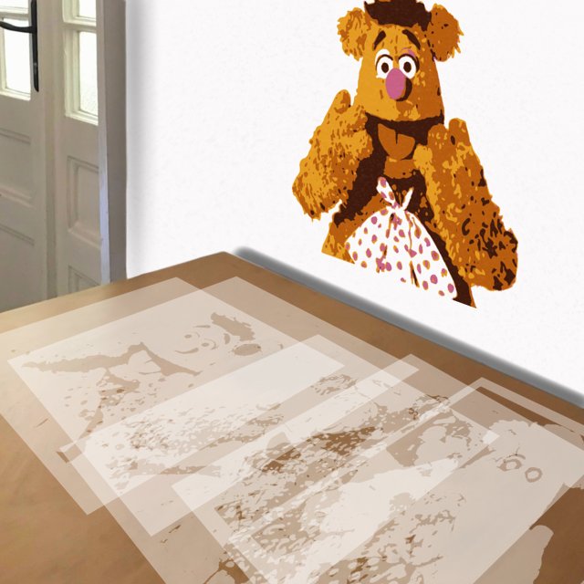 Fozzie Bear stencil in 5 layers, simulated painting