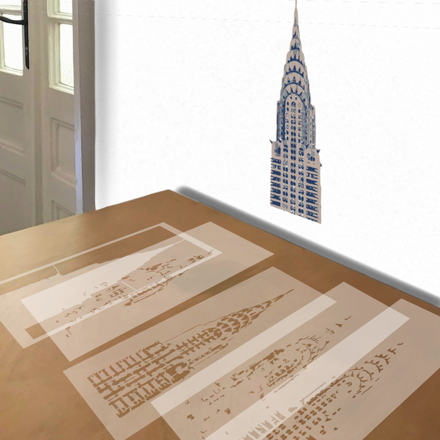 Chrysler Building stencil in 5 layers, simulated painting