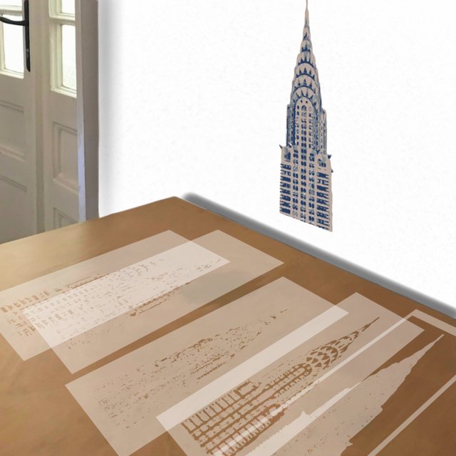 Chrysler Building stencil in 5 layers, simulated painting