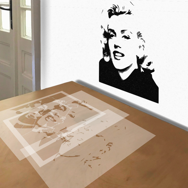 Marilyn Monroe stencil in 3 layers, simulated painting