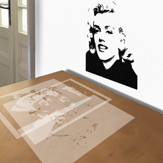 Marilyn Monroe stencil in 3 layers, simulated painting