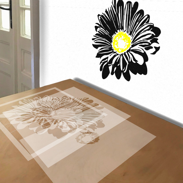 Lawn Daisy stencil in 3 layers, simulated painting
