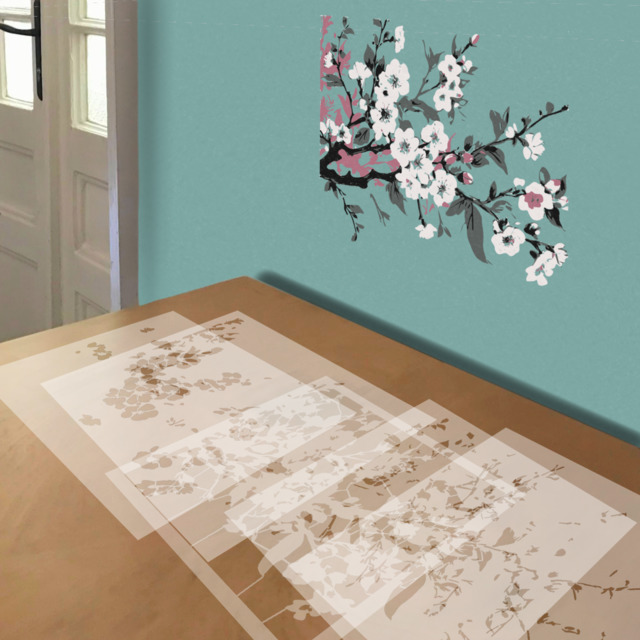 Cherry Blossoms stencil in 5 layers, simulated painting