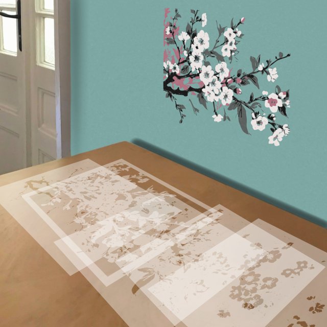 Cherry Blossoms stencil in 5 layers, simulated painting