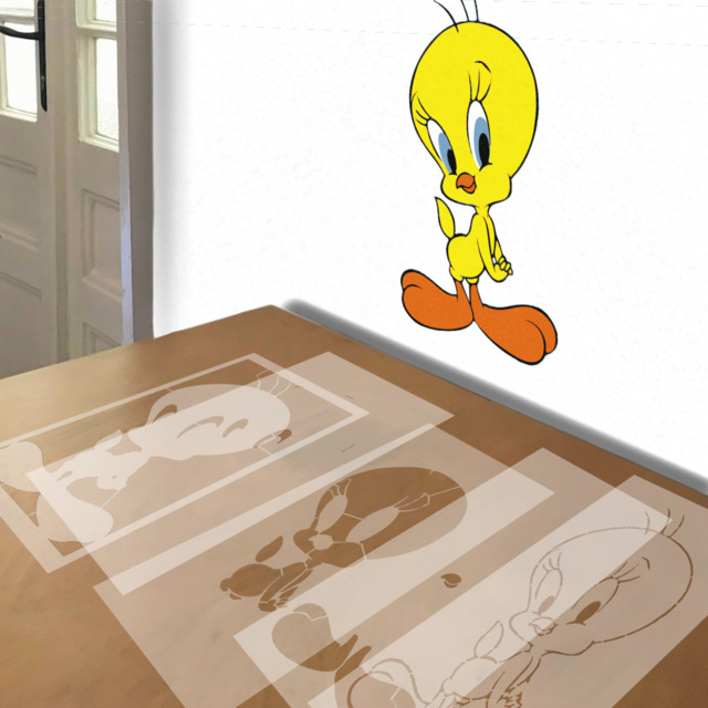 Tweety stencil in 5 layers, simulated painting