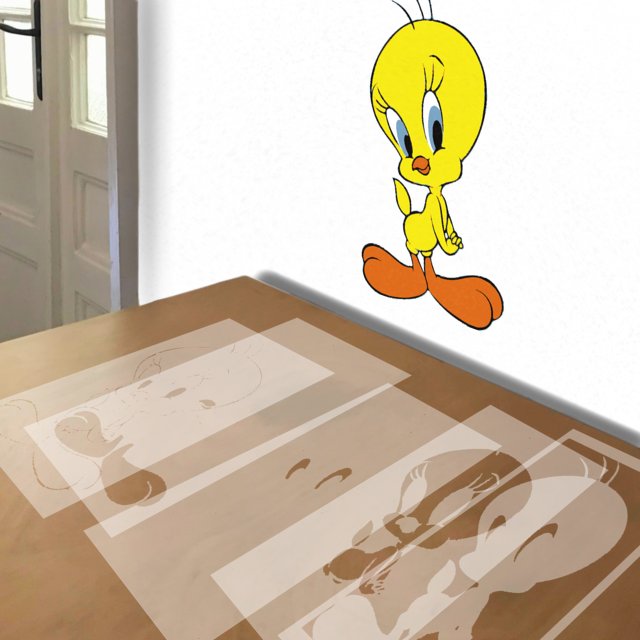 Tweety stencil in 5 layers, simulated painting