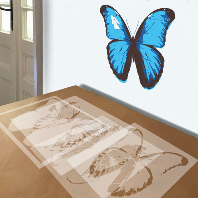 Blue Morpho Butterfly stencil in 4 layers, simulated painting