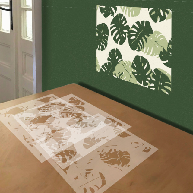 Monstera Leaf stencil in 3 layers, simulated painting