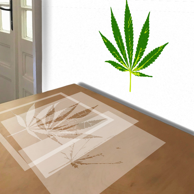 Marijuana Leaf stencil in 3 layers, simulated painting
