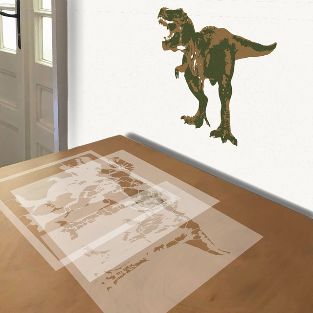T Rex stencil in 3 layers, simulated painting