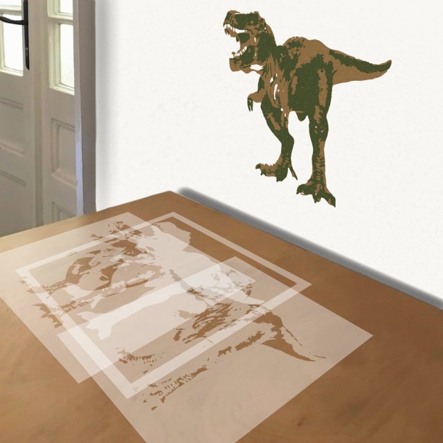 T Rex stencil in 3 layers, simulated painting