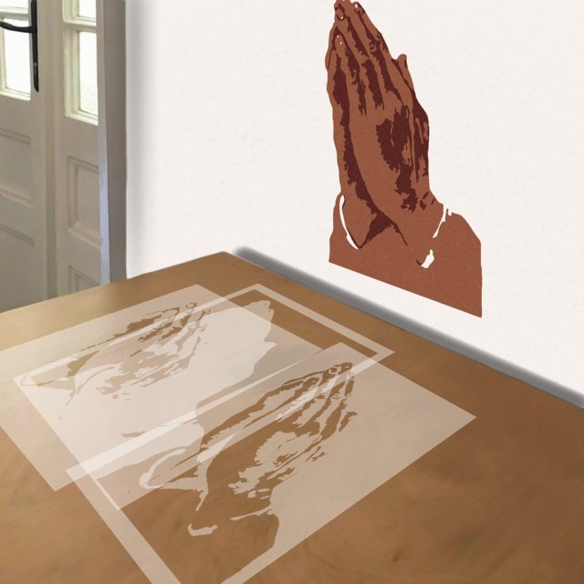 Praying Hands stencil in 3 layers, simulated painting