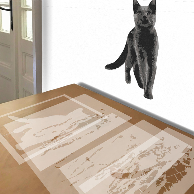Gray Cat stencil in 5 layers, simulated painting