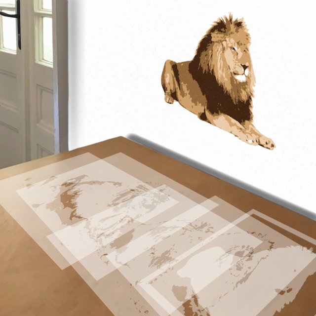 Lion in Repose stencil in 5 layers, simulated painting