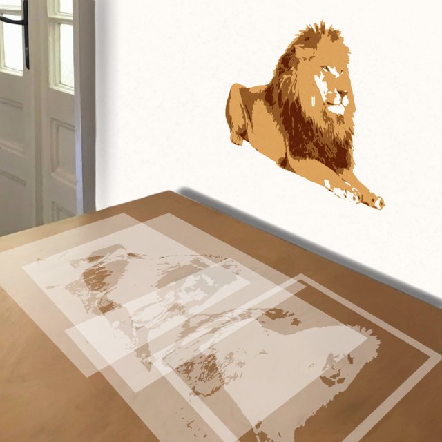 Lion in Repose stencil in 4 layers, simulated painting