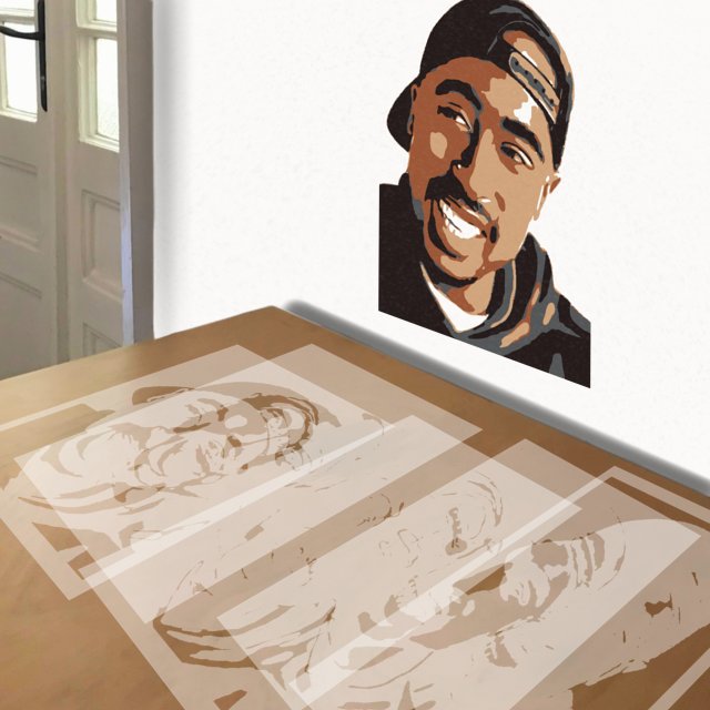 Tupac Shakur stencil in 5 layers, simulated painting