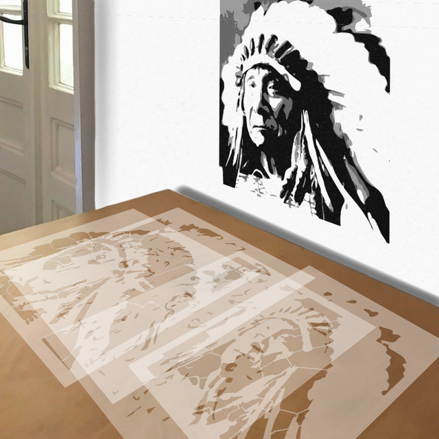 Chief stencil in 4 layers, simulated painting