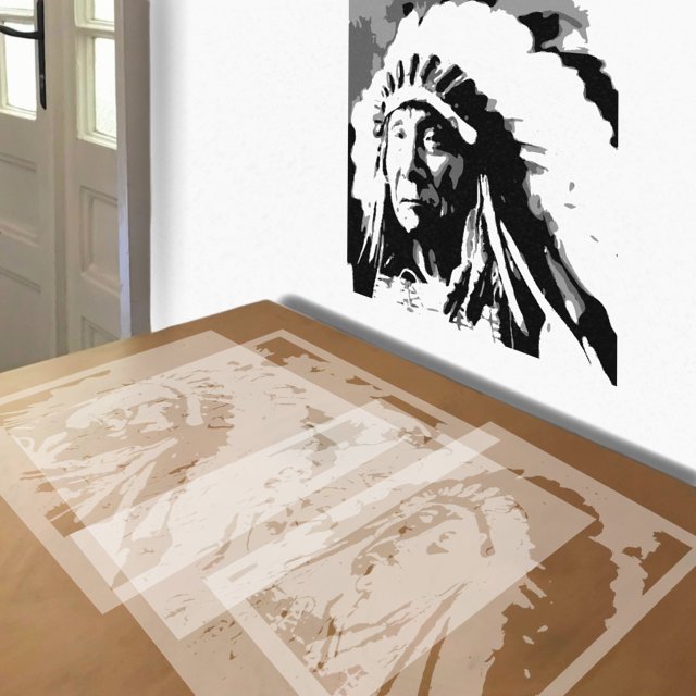 Chief stencil in 4 layers, simulated painting