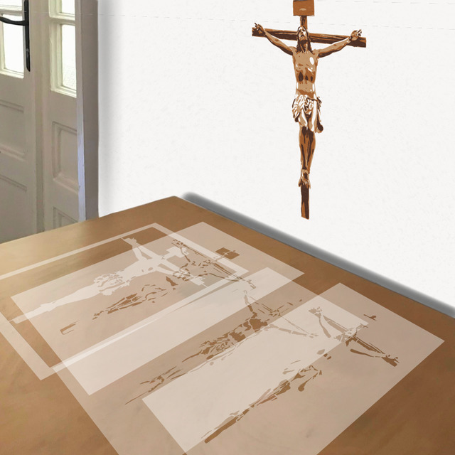 Crucifix stencil in 4 layers, simulated painting