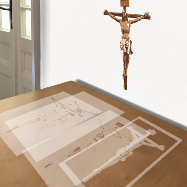 Crucifix stencil in 4 layers, simulated painting