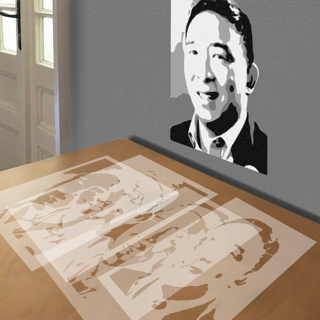 Andrew Yang stencil in 4 layers, simulated painting