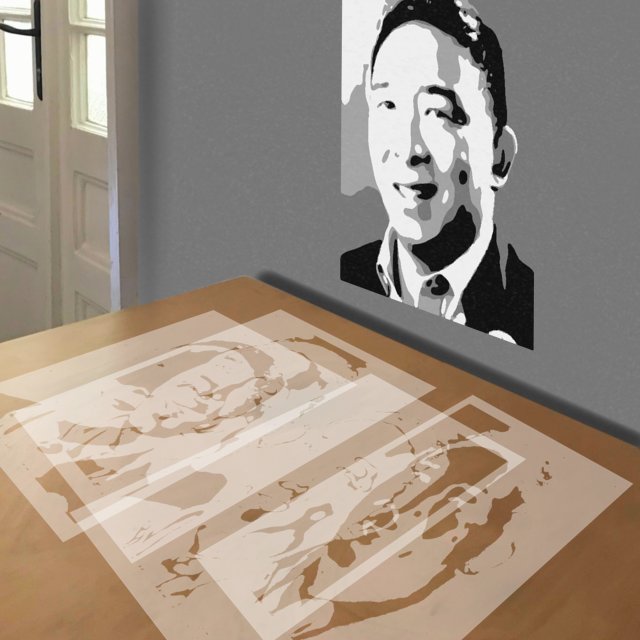 Andrew Yang stencil in 4 layers, simulated painting