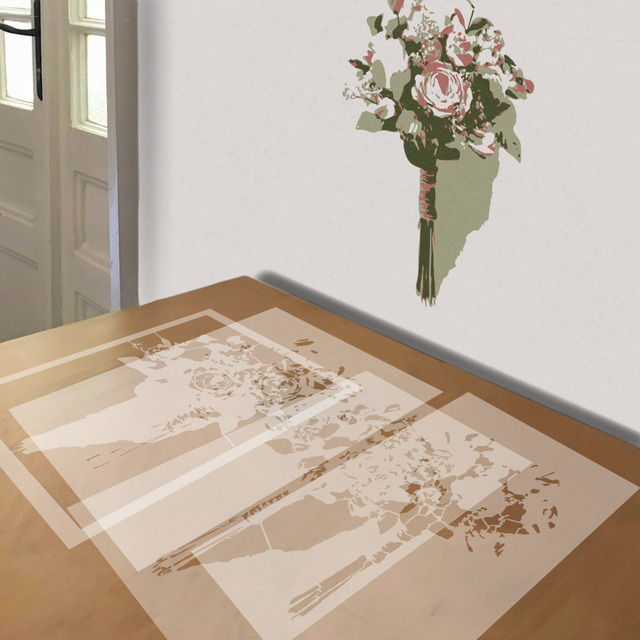 Simple Wedding Bouquet stencil in 4 layers, simulated painting