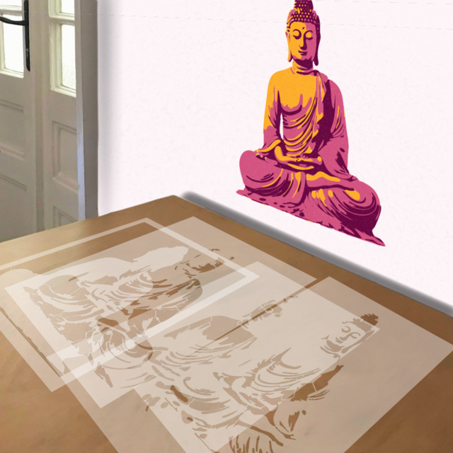 Buddha stencil in 4 layers, simulated painting
