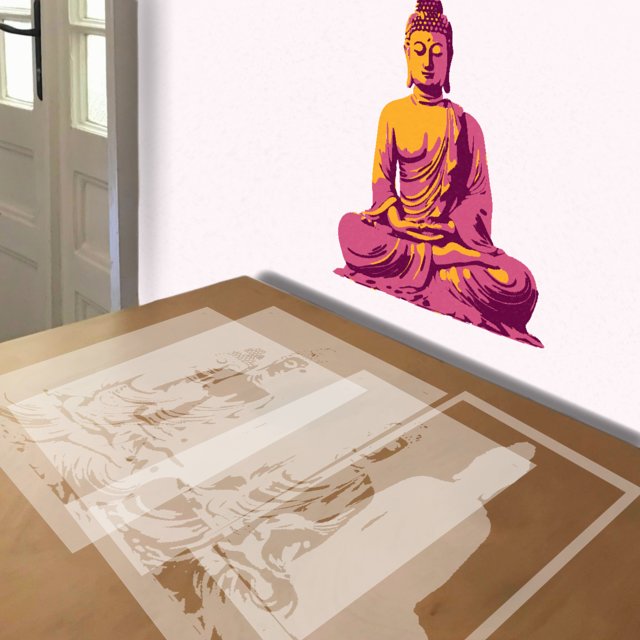 Buddha stencil in 4 layers, simulated painting