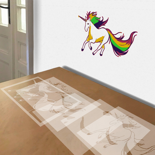 Rainbow Unicorn stencil in 5 layers, simulated painting