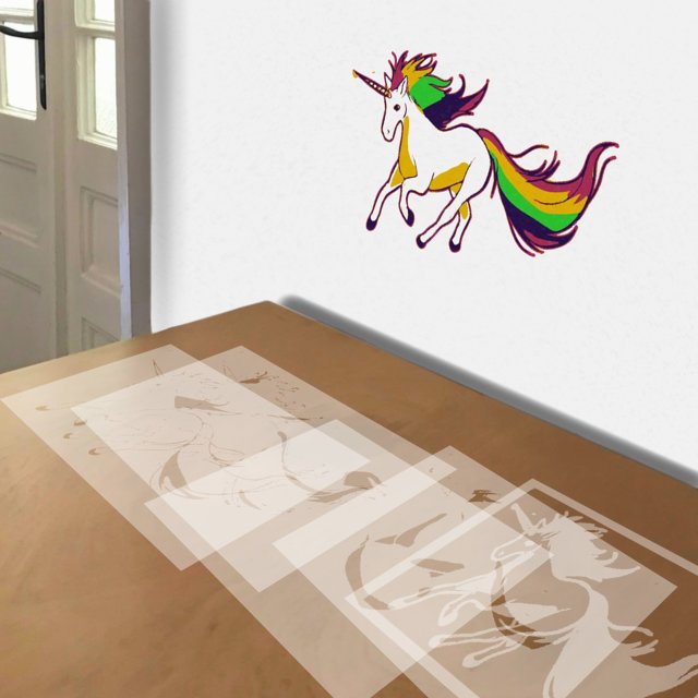 Rainbow Unicorn stencil in 5 layers, simulated painting