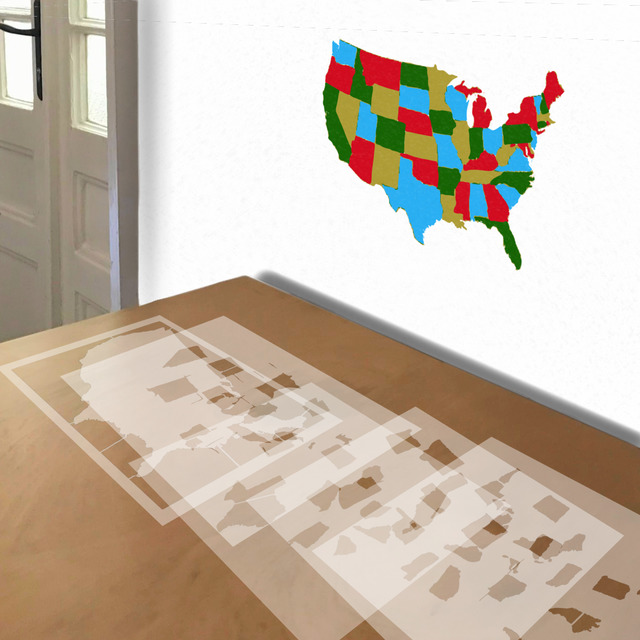 United States Four-Color Map stencil in 5 layers, simulated painting