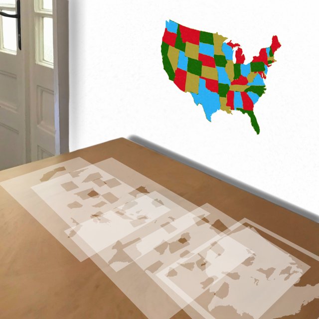 United States Four-Color Map stencil in 5 layers, simulated painting