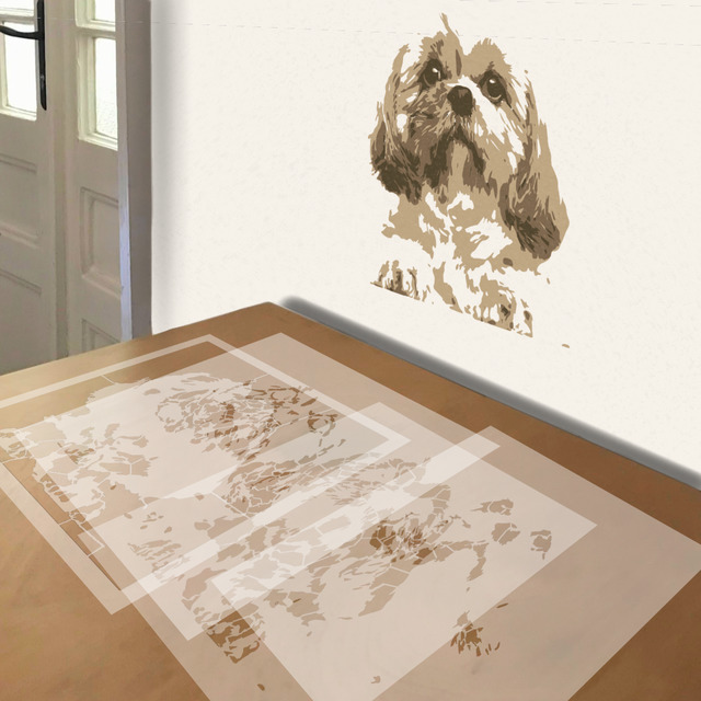 Peeping Shih Tzu stencil in 4 layers, simulated painting