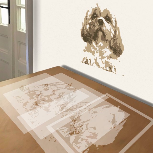 Peeping Shih Tzu stencil in 4 layers, simulated painting