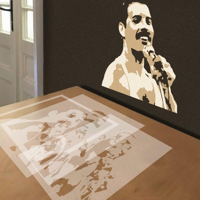 Freddie Mercury stencil in 3 layers, simulated painting