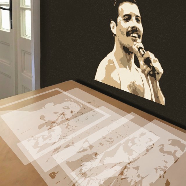 Freddie Mercury stencil in 5 layers, simulated painting